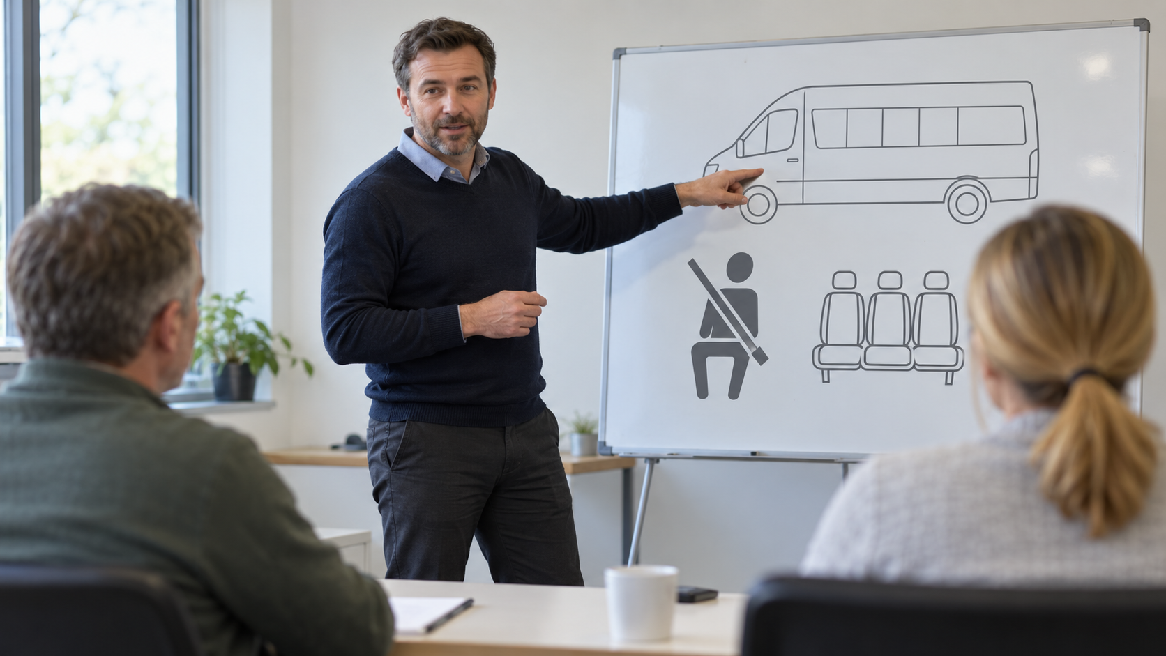Illustrative instructor pointing at a board during driver training