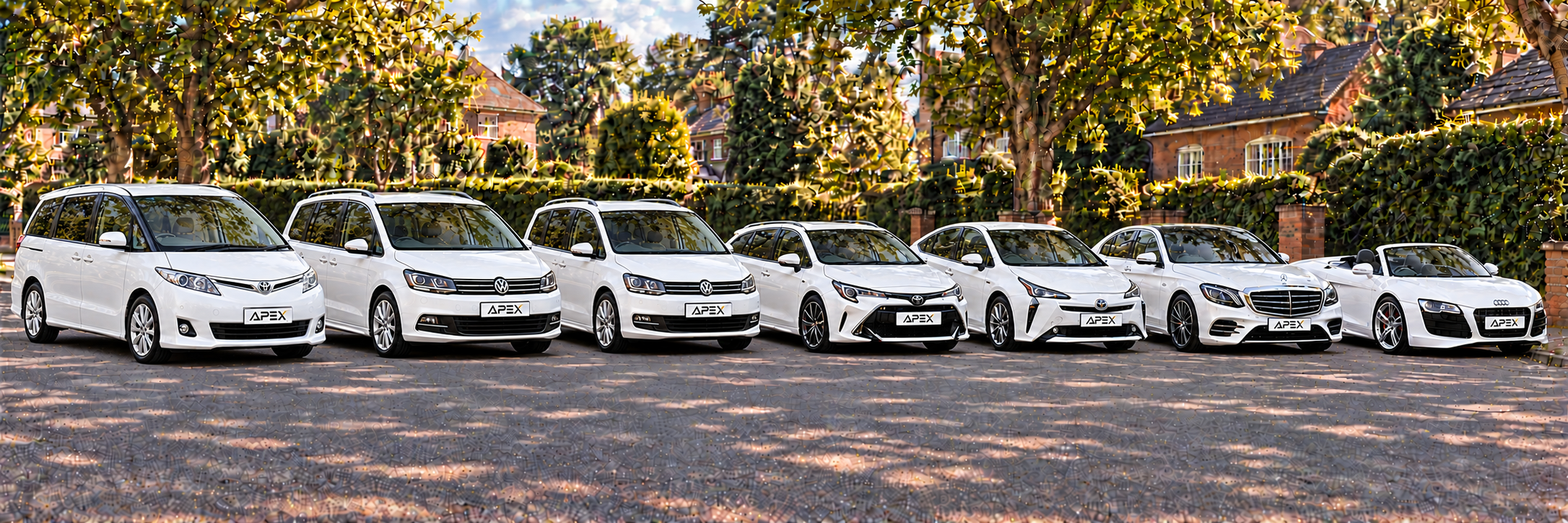 Illustrative lineup of a white Toyota Estima, Volkswagen Sharan, Volkswagen Touran, Toyota Corolla Estate, Toyota Prius, Mercedes-Benz S-Class and Audi R8 Spyder