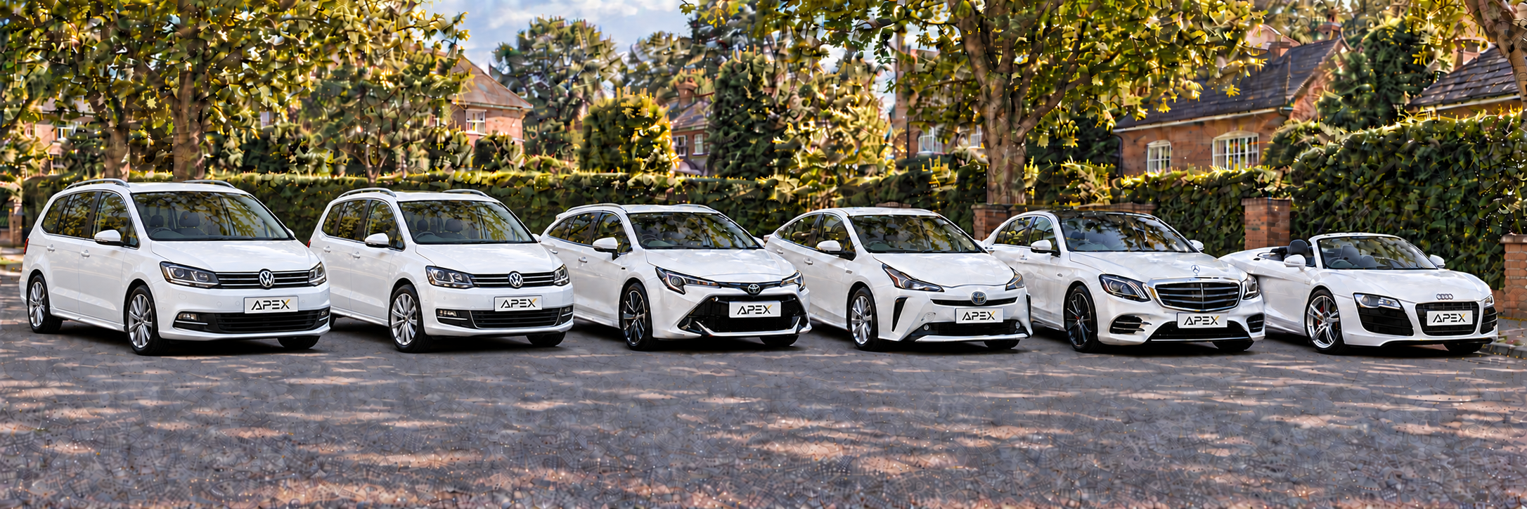 Illustrative lineup of a white Volkswagen Sharan, Volkswagen Touran, Toyota Corolla Estate, Toyota Prius, Mercedes-Benz S-Class and Audi R8 Spyder